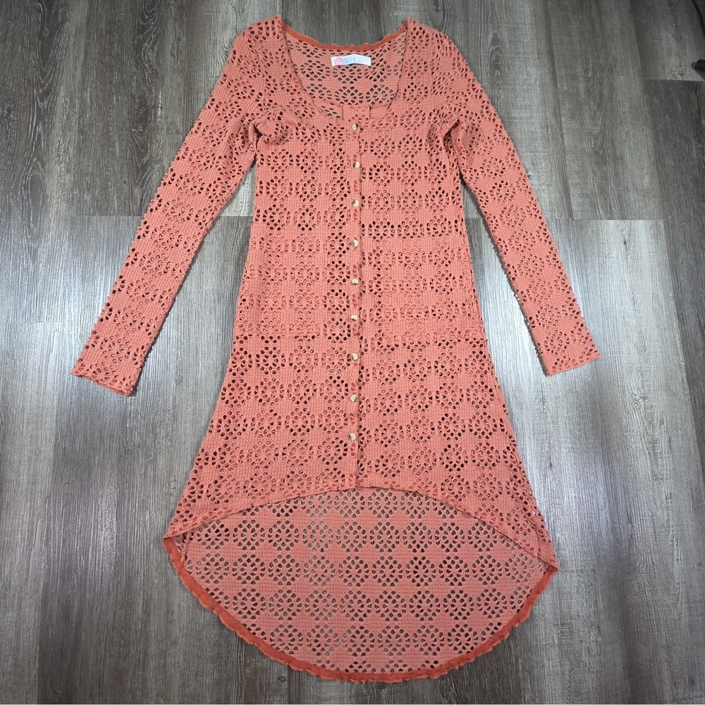 Free People FP Beach Coral Crochet Dress Duster Cardigan Cover Up XS Pockets EUC